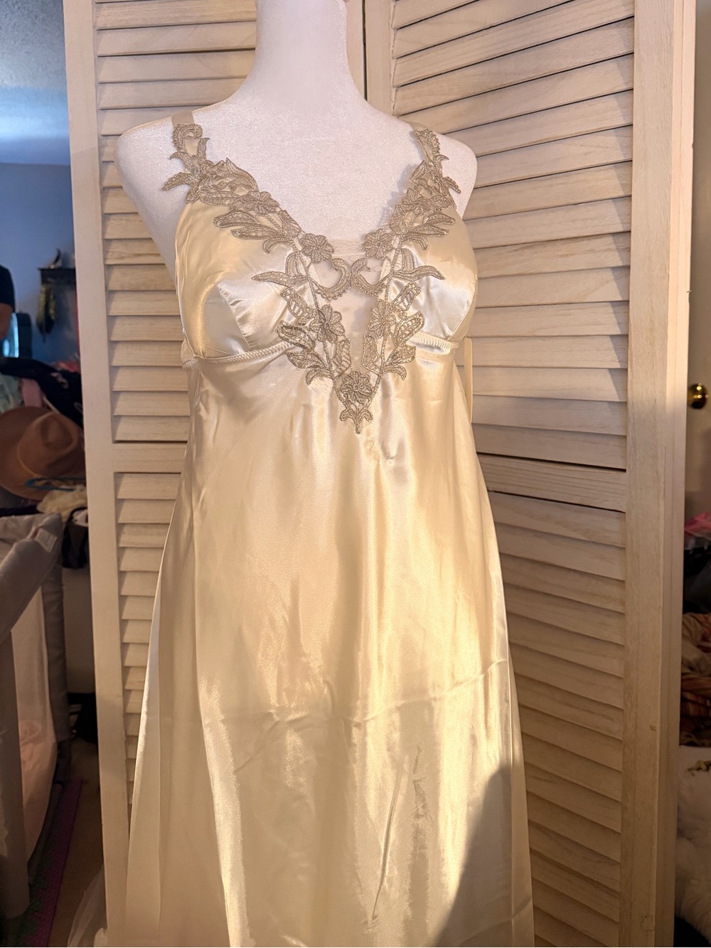 Ivory Satin Lace-Trim V-Neck Chemise Slip - Women Intimates